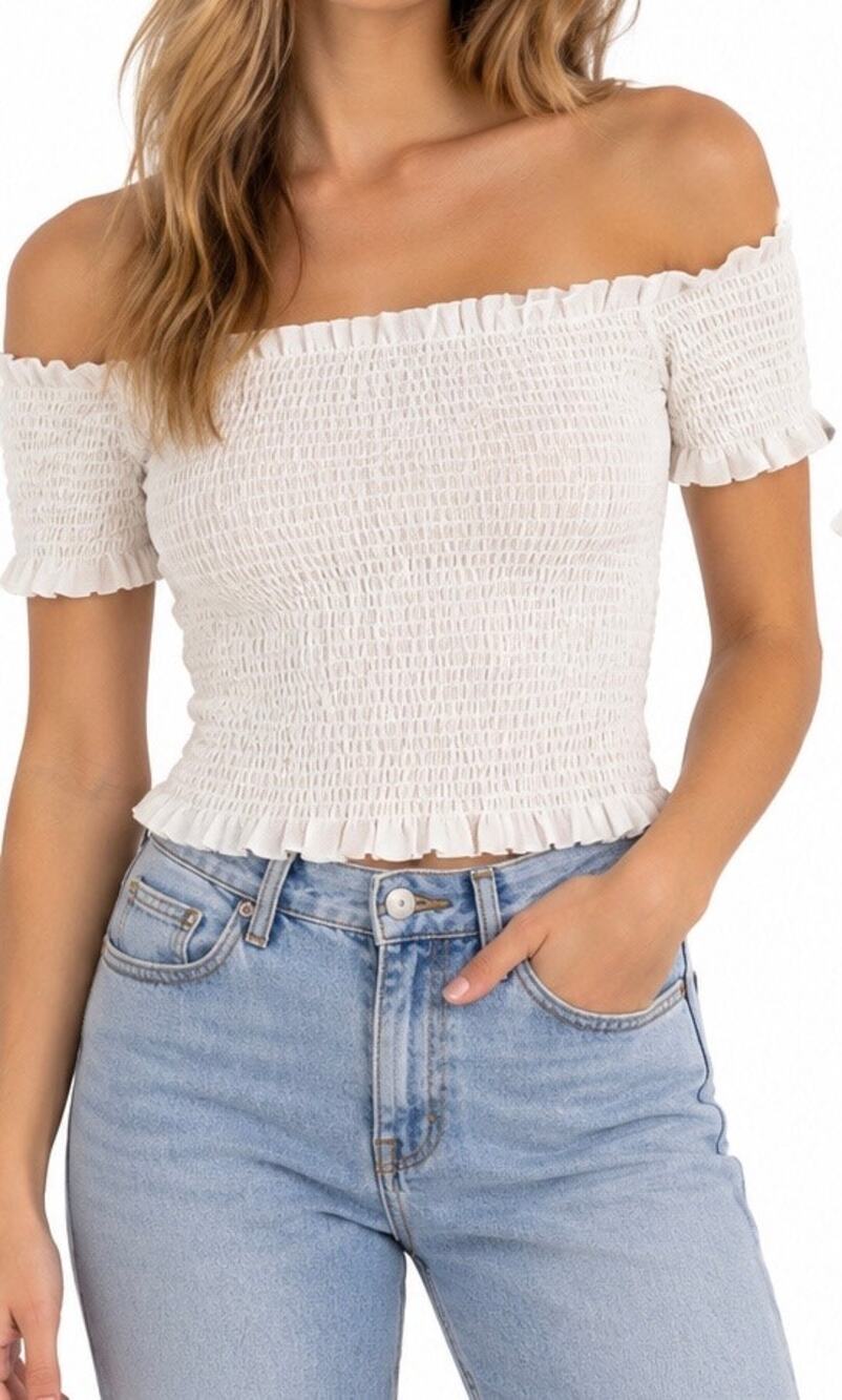 Aqua Off the Shoulder White Cinched Crop Top Size Small